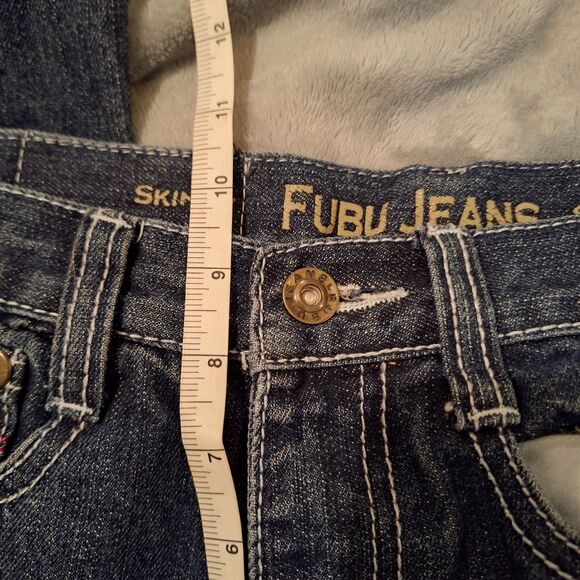 FUBU Retro Jeans Women 14 Dark Wash Blue Embroidered Distressed Skinny - Picture 13 of 14